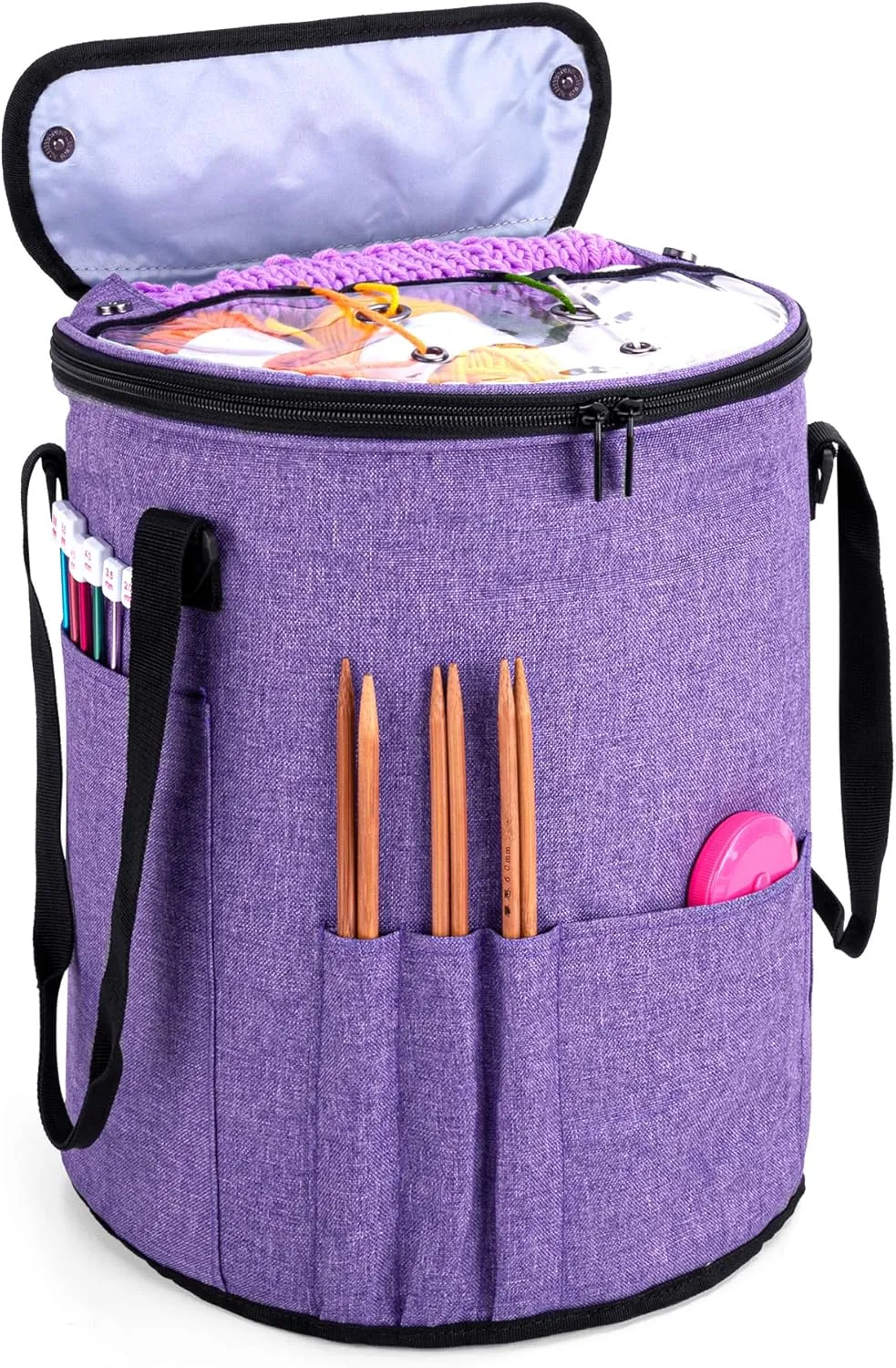 Teamoy Knitting Tote Bag, Yarn Storage Crochet Bag Organizer for Knitting Needles, Yarn, Unfinished Projects, Crochet Hooks, and Other Supplies, Purple