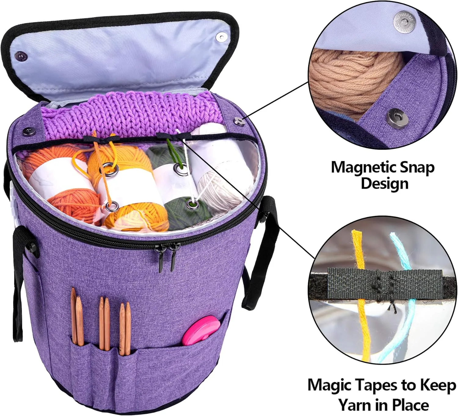 Teamoy Knitting Tote Bag, Yarn Storage Crochet Bag Organizer for Knitting Needles, Yarn, Unfinished Projects, Crochet Hooks, and Other Supplies, Purple