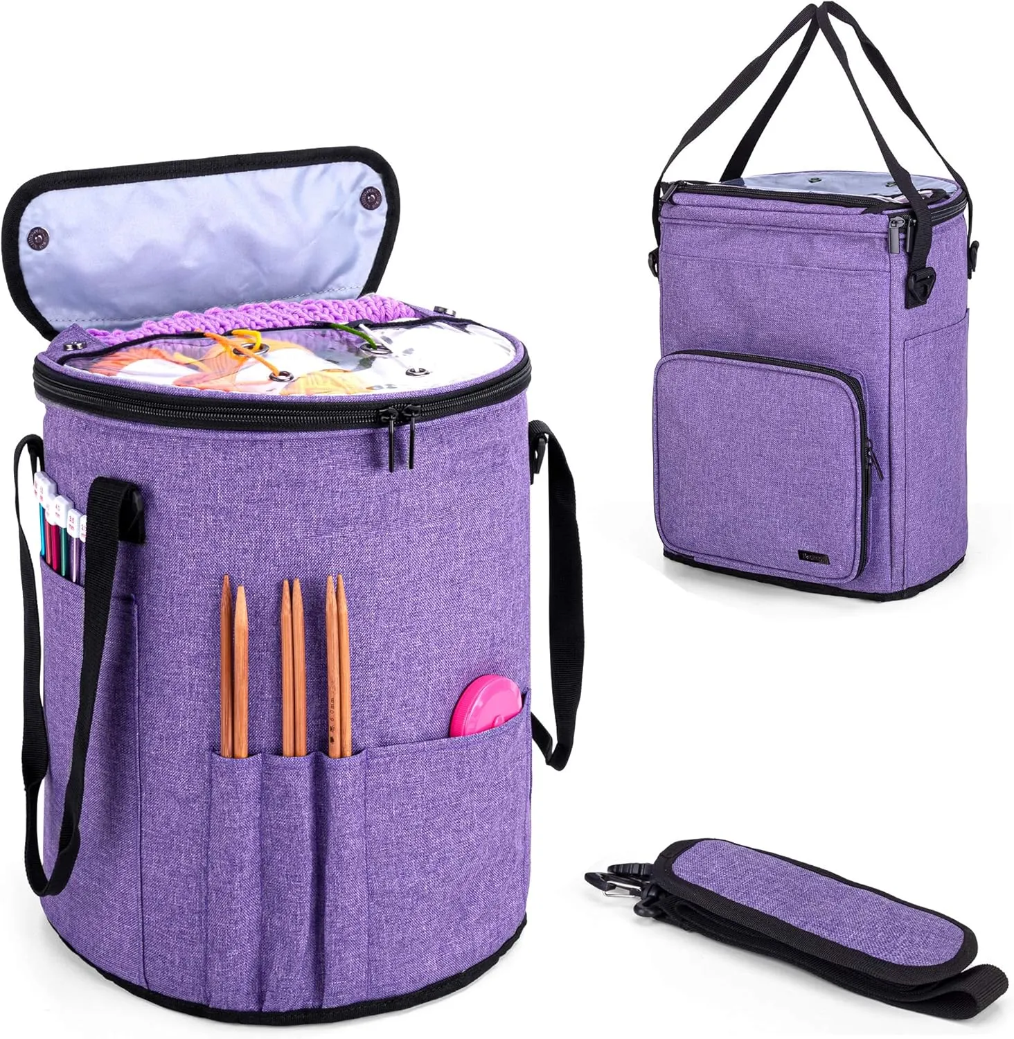 Teamoy Knitting Tote Bag, Yarn Storage Crochet Bag Organizer for Knitting Needles, Yarn, Unfinished Projects, Crochet Hooks, and Other Supplies, Purple