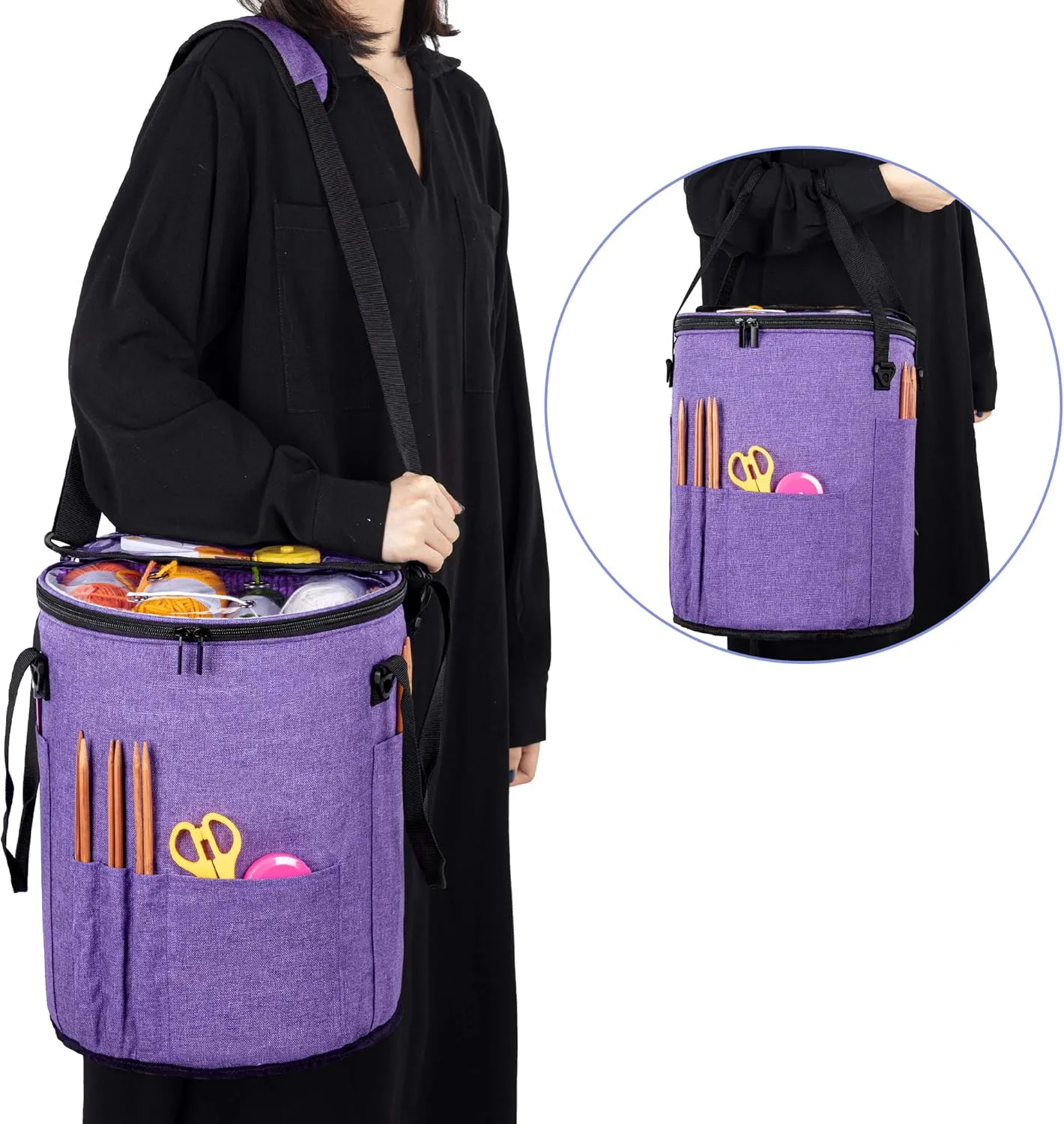 Teamoy Knitting Tote Bag, Yarn Storage Crochet Bag Organizer for Knitting Needles, Yarn, Unfinished Projects, Crochet Hooks, and Other Supplies, Purple