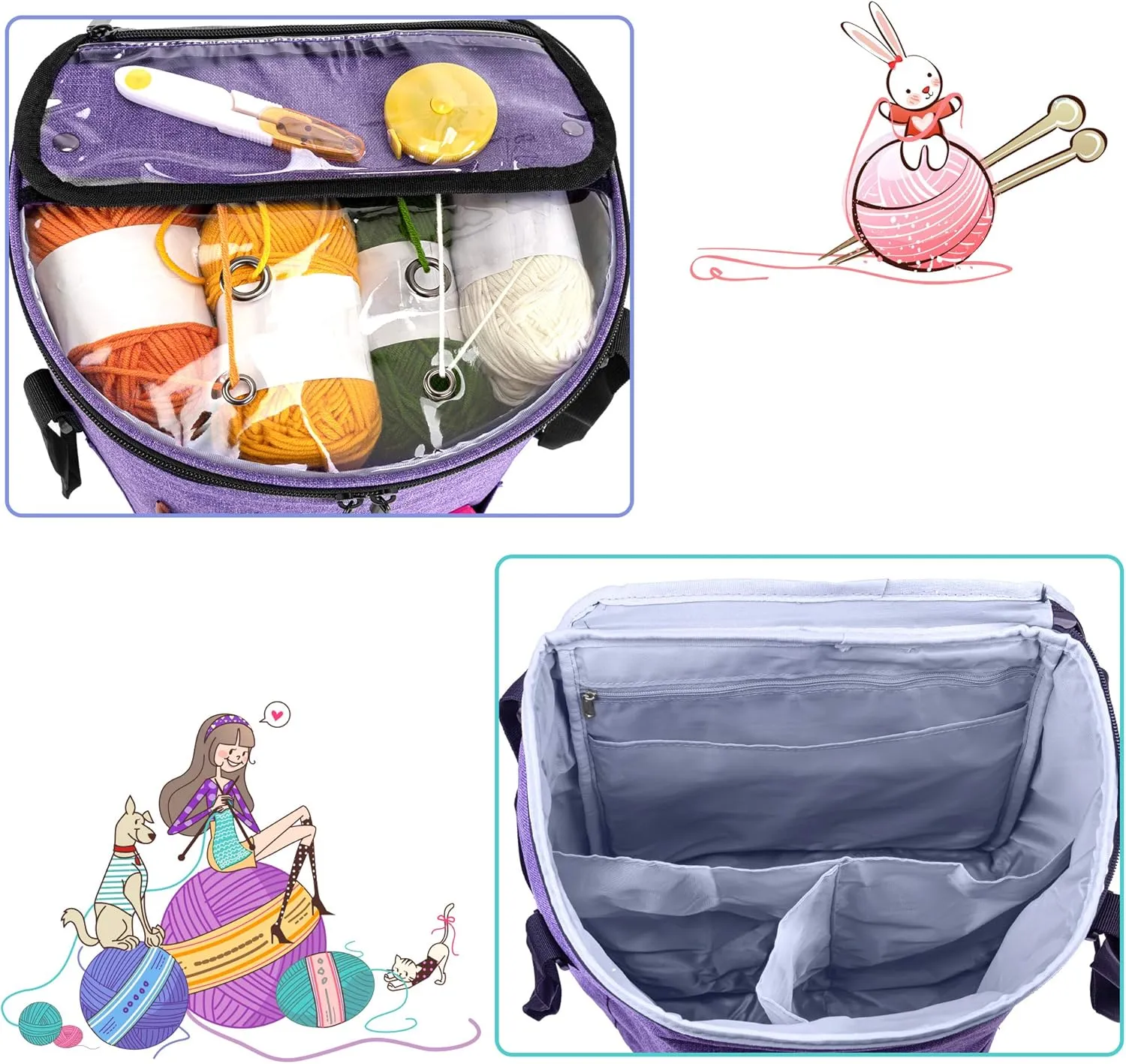 Teamoy Knitting Tote Bag, Yarn Storage Crochet Bag Organizer for Knitting Needles, Yarn, Unfinished Projects, Crochet Hooks, and Other Supplies, Purple