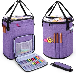 Teamoy Knitting Tote Bag, Yarn Storage Crochet Bag Organizer for Knitting Needles, Yarn, Unfinished Projects, Crochet Hooks, and Other Supplies, Purple
