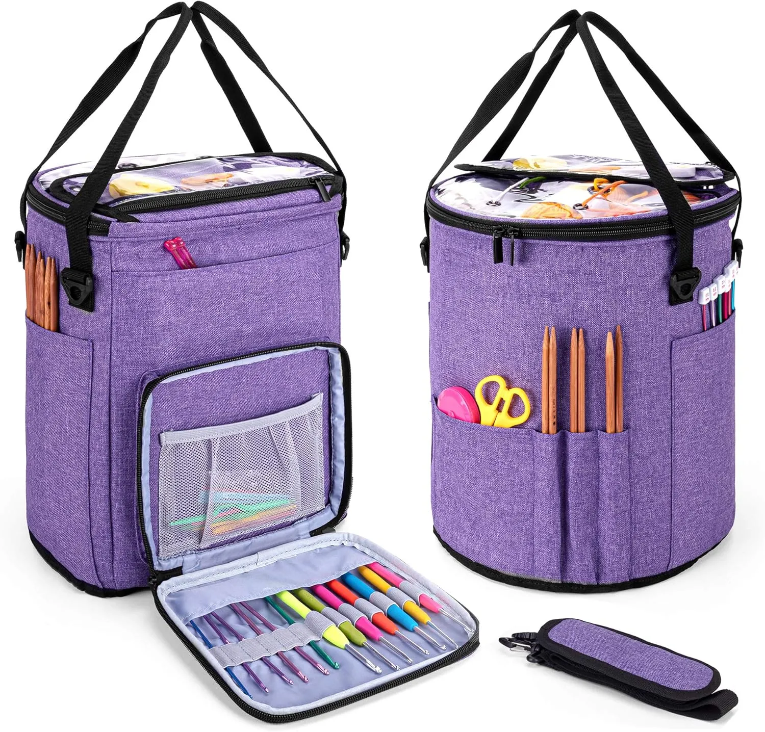 Teamoy Knitting Tote Bag, Yarn Storage Crochet Bag Organizer for Knitting Needles, Yarn, Unfinished Projects, Crochet Hooks, and Other Supplies, Purple