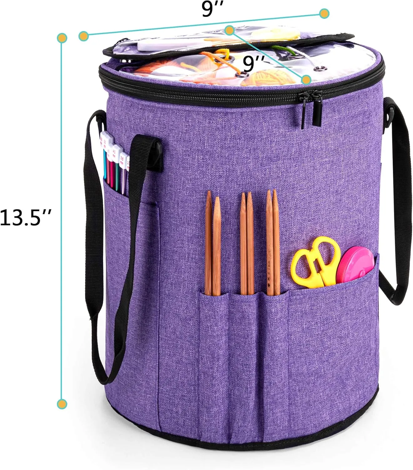 Teamoy Knitting Tote Bag, Yarn Storage Crochet Bag Organizer for Knitting Needles, Yarn, Unfinished Projects, Crochet Hooks, and Other Supplies, Purple
