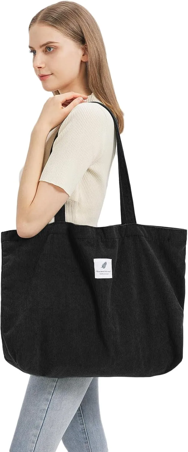 TeeYee Women's Corduroy Tote Bag Large Capacity Shoulder Bag Handbag Leisure Shopping Bag with 3 Snaps