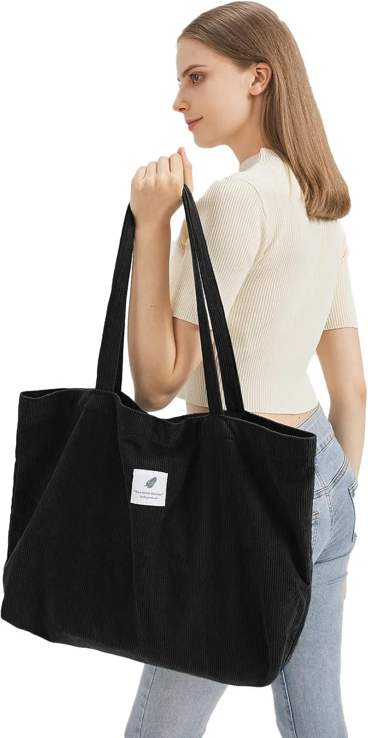TeeYee Women's Corduroy Tote Bag Large Capacity Shoulder Bag Handbag Leisure Shopping Bag with 3 Snaps