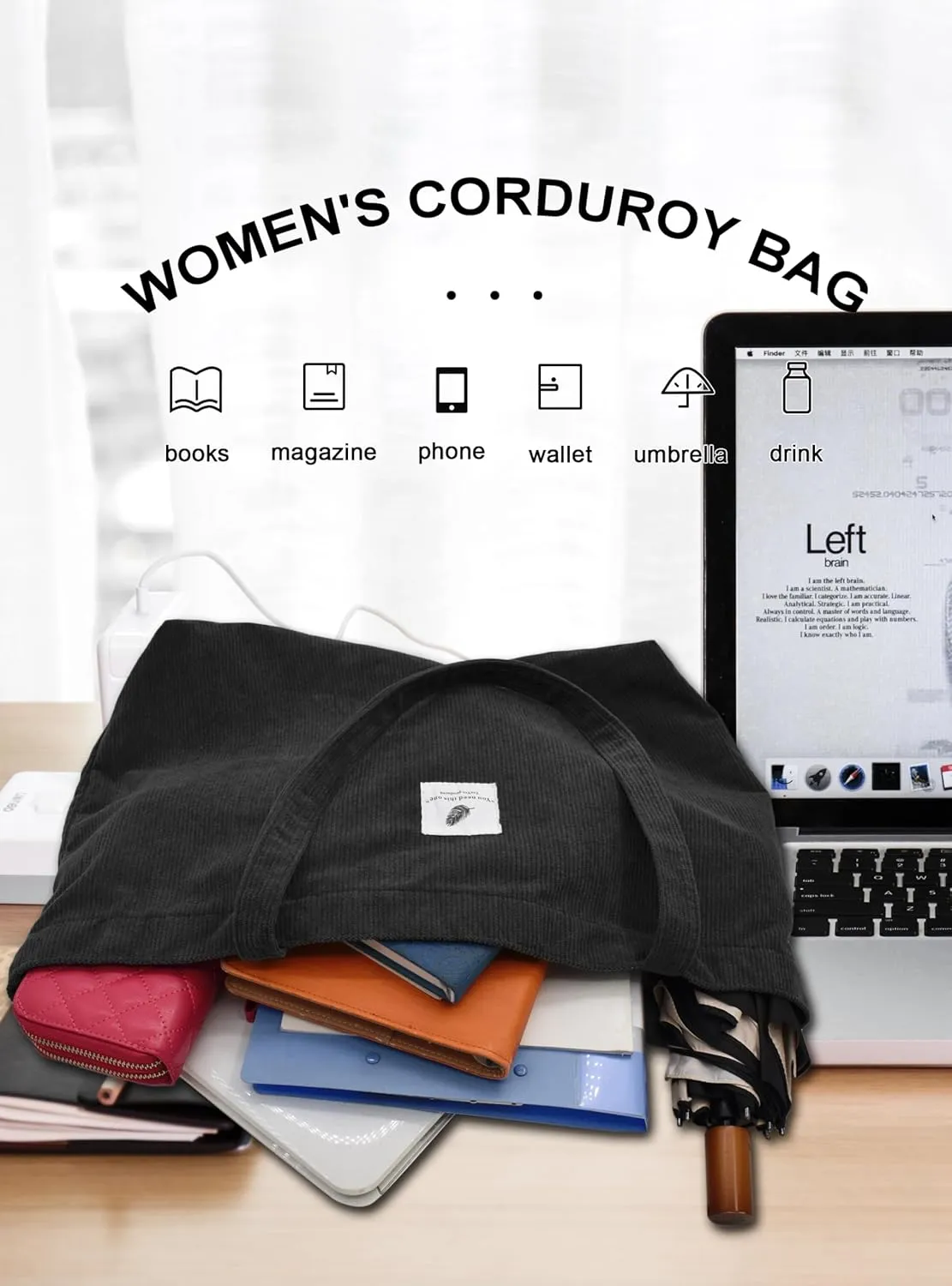 TeeYee Women's Corduroy Tote Bag Large Capacity Shoulder Bag Handbag Leisure Shopping Bag with 3 Snaps