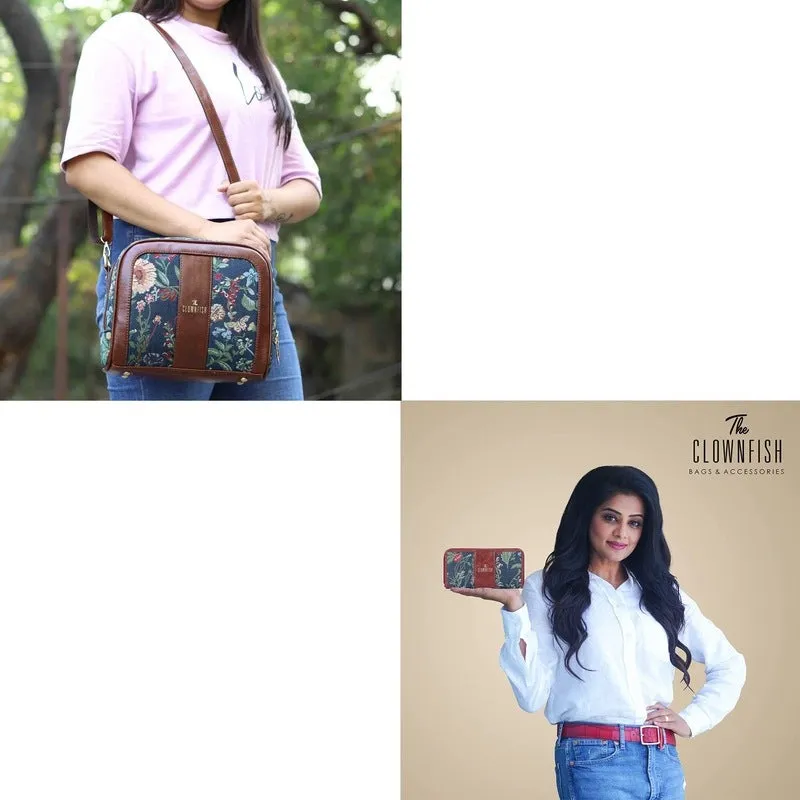 THE CLOWNFISH Combo Of Elsie Series Tapestry Crossbody Sling Bag Single Shoulder Bag & Aria Collection Tapestry Fabric Zip Around Style Womens Wallet Ladies Clutch (Navy Blue- Floral)