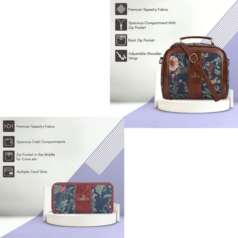 THE CLOWNFISH Combo Of Elsie Series Tapestry Crossbody Sling Bag Single Shoulder Bag & Aria Collection Tapestry Fabric Zip Around Style Womens Wallet Ladies Clutch (Navy Blue- Floral)