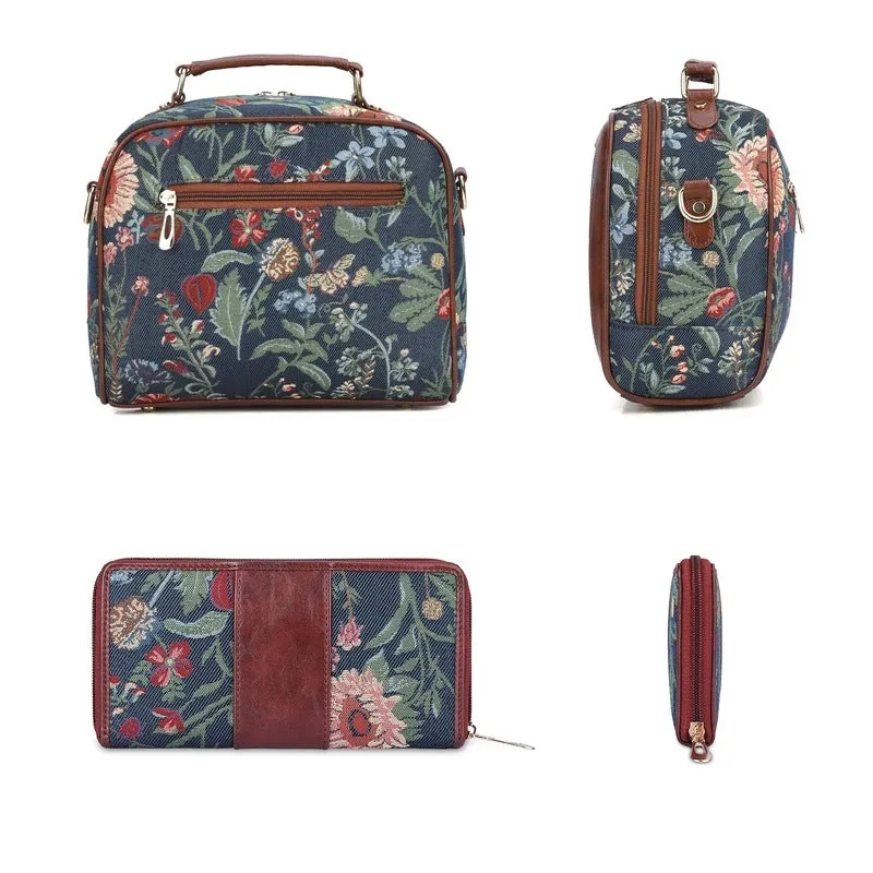 THE CLOWNFISH Combo Of Elsie Series Tapestry Crossbody Sling Bag Single Shoulder Bag & Aria Collection Tapestry Fabric Zip Around Style Womens Wallet Ladies Clutch (Navy Blue- Floral)
