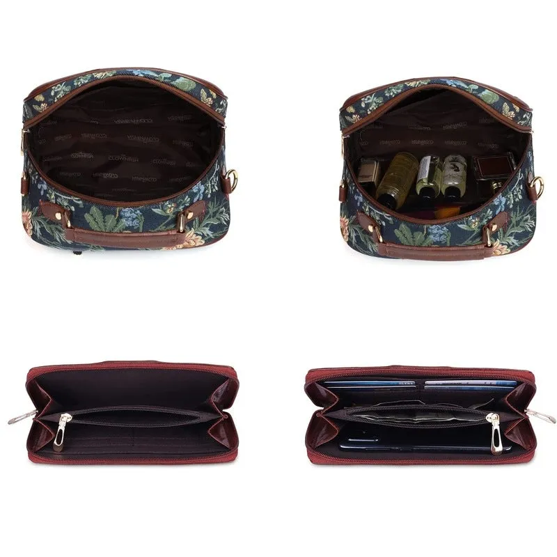 THE CLOWNFISH Combo Of Elsie Series Tapestry Crossbody Sling Bag Single Shoulder Bag & Aria Collection Tapestry Fabric Zip Around Style Womens Wallet Ladies Clutch (Navy Blue- Floral)