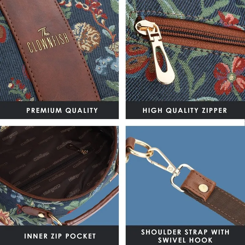THE CLOWNFISH Combo Of Elsie Series Tapestry Crossbody Sling Bag Single Shoulder Bag & Aria Collection Tapestry Fabric Zip Around Style Womens Wallet Ladies Clutch (Navy Blue- Floral)