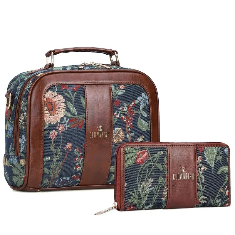 THE CLOWNFISH Combo Of Elsie Series Tapestry Crossbody Sling Bag Single Shoulder Bag & Aria Collection Tapestry Fabric Zip Around Style Womens Wallet Ladies Clutch (Navy Blue- Floral)