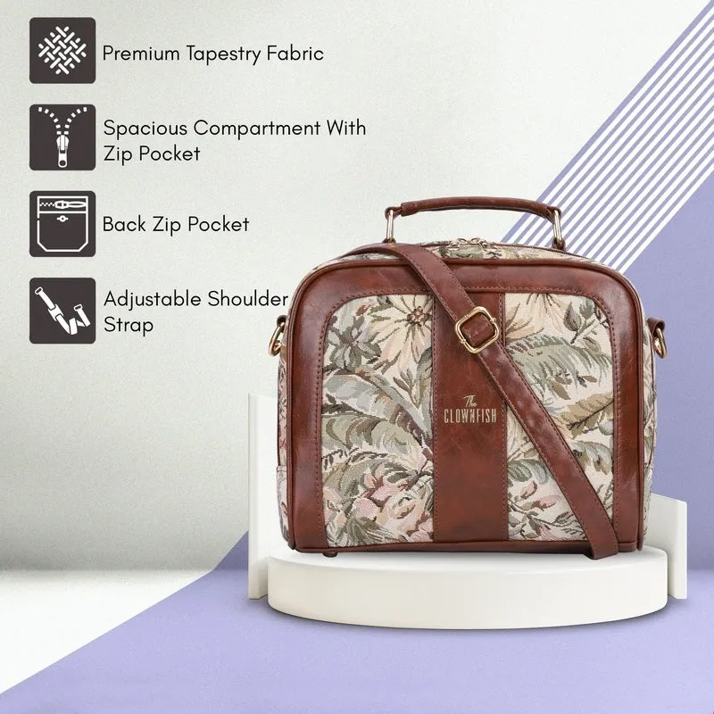 THE CLOWNFISH Combo Of Elsie Series Tapestry Crossbody Sling Bag Single Shoulder Bag & Aria Collection Tapestry Fabric Zip Around Style Womens Wallet Ladies Clutch (Off White-Floral)