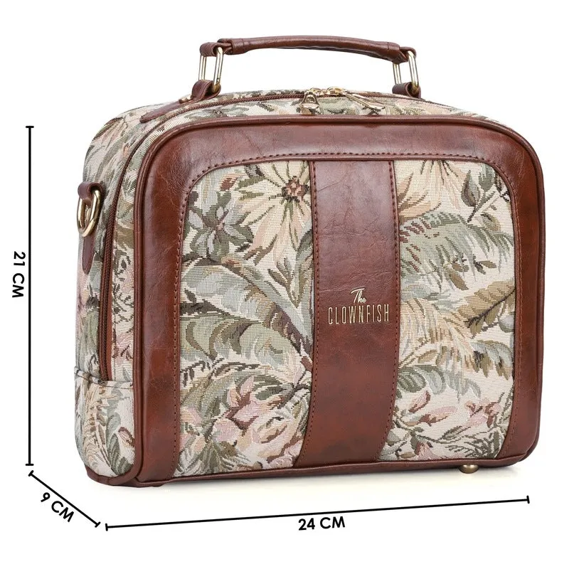 THE CLOWNFISH Combo Of Elsie Series Tapestry Crossbody Sling Bag Single Shoulder Bag & Aria Collection Tapestry Fabric Zip Around Style Womens Wallet Ladies Clutch (Off White-Floral)
