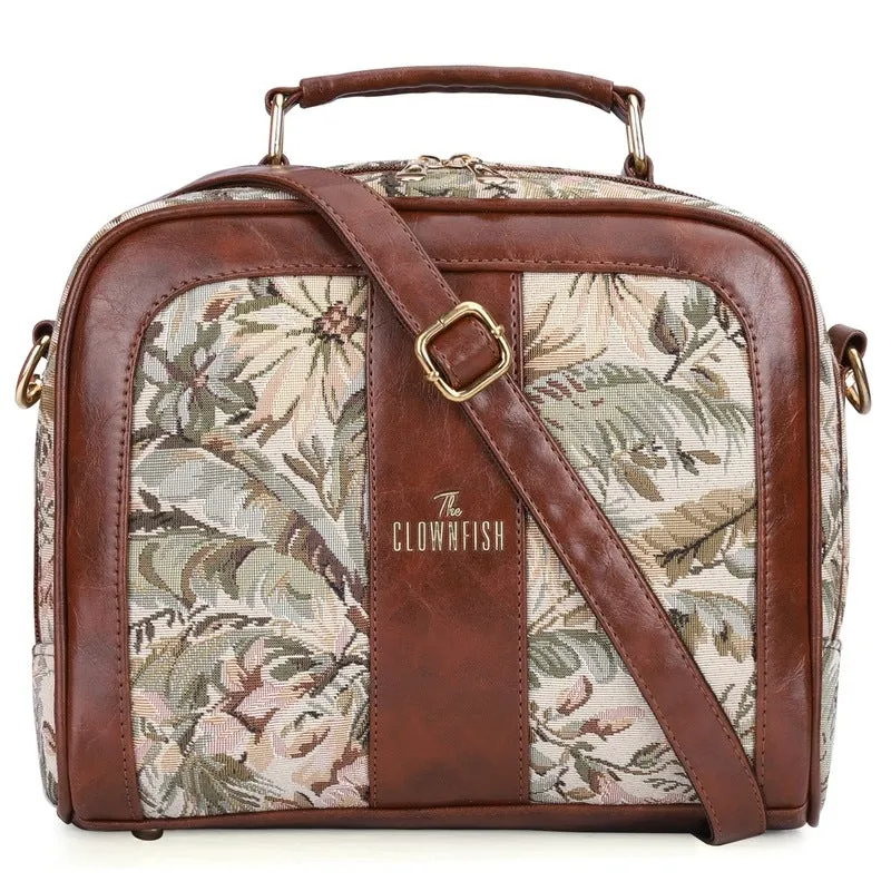 THE CLOWNFISH Combo Of Elsie Series Tapestry Crossbody Sling Bag Single Shoulder Bag & Aria Collection Tapestry Fabric Zip Around Style Womens Wallet Ladies Clutch (Off White-Floral)