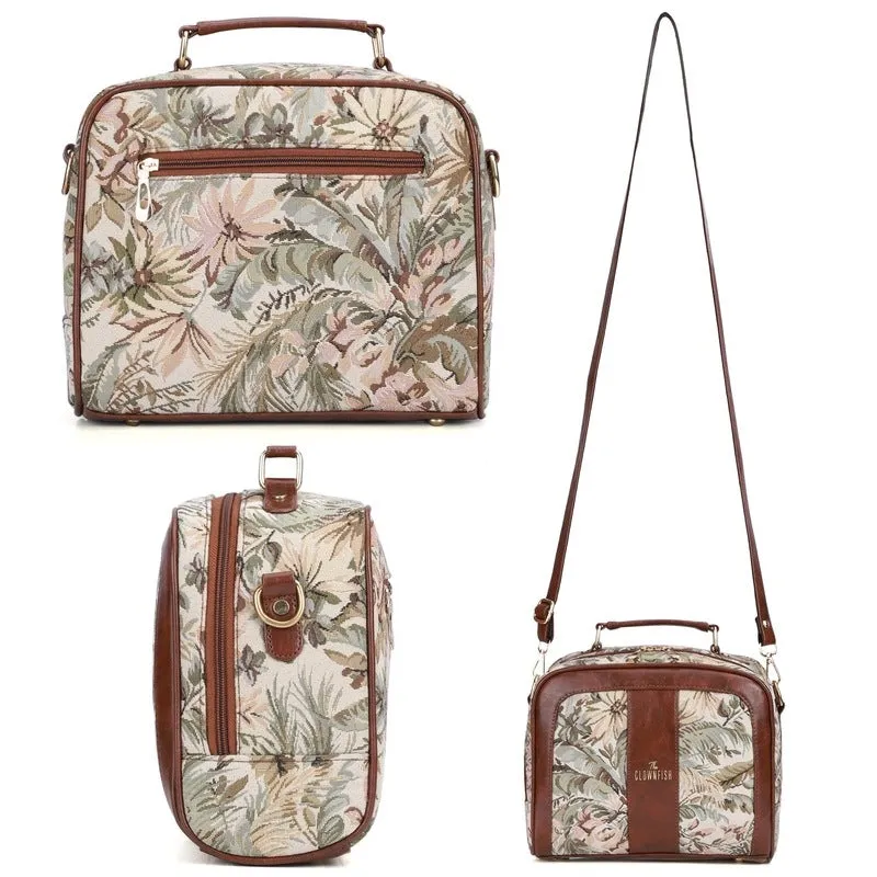 THE CLOWNFISH Combo Of Elsie Series Tapestry Crossbody Sling Bag Single Shoulder Bag & Aria Collection Tapestry Fabric Zip Around Style Womens Wallet Ladies Clutch (Off White-Floral)