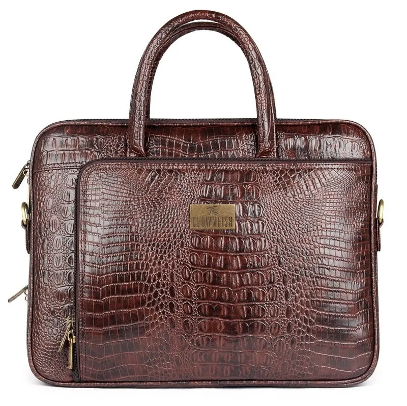 THE CLOWNFISH Crocodilan Laptop Briefcase - Stylish, Water Resistant | Adjustable Strap | 15.6 Inch | Rust Brown