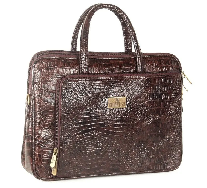 THE CLOWNFISH Crocodilan Laptop Briefcase - Stylish, Water Resistant | Adjustable Strap | 15.6 Inch | Rust Brown