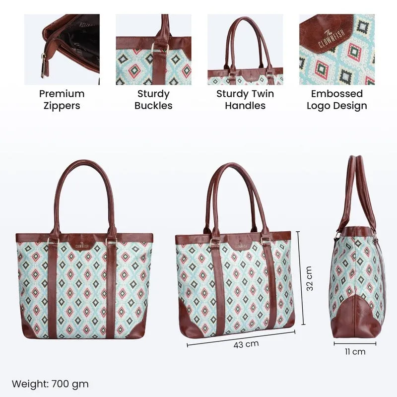 THE CLOWNFISH Miranda Series 15.6 inch Laptop Bag For Women Printed Handicraft Fabric & Faux Leather Office Bag Briefcase Hand Messenger bag Tote Shoulder Bag (Skyblue-Diamond Design)