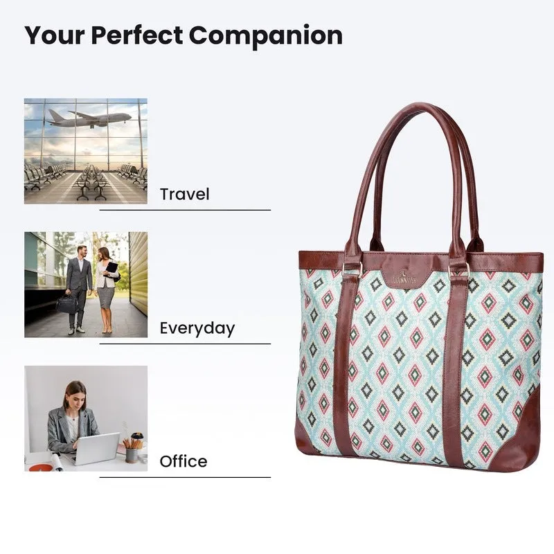 THE CLOWNFISH Miranda Series 15.6 inch Laptop Bag For Women Printed Handicraft Fabric & Faux Leather Office Bag Briefcase Hand Messenger bag Tote Shoulder Bag (Skyblue-Diamond Design)