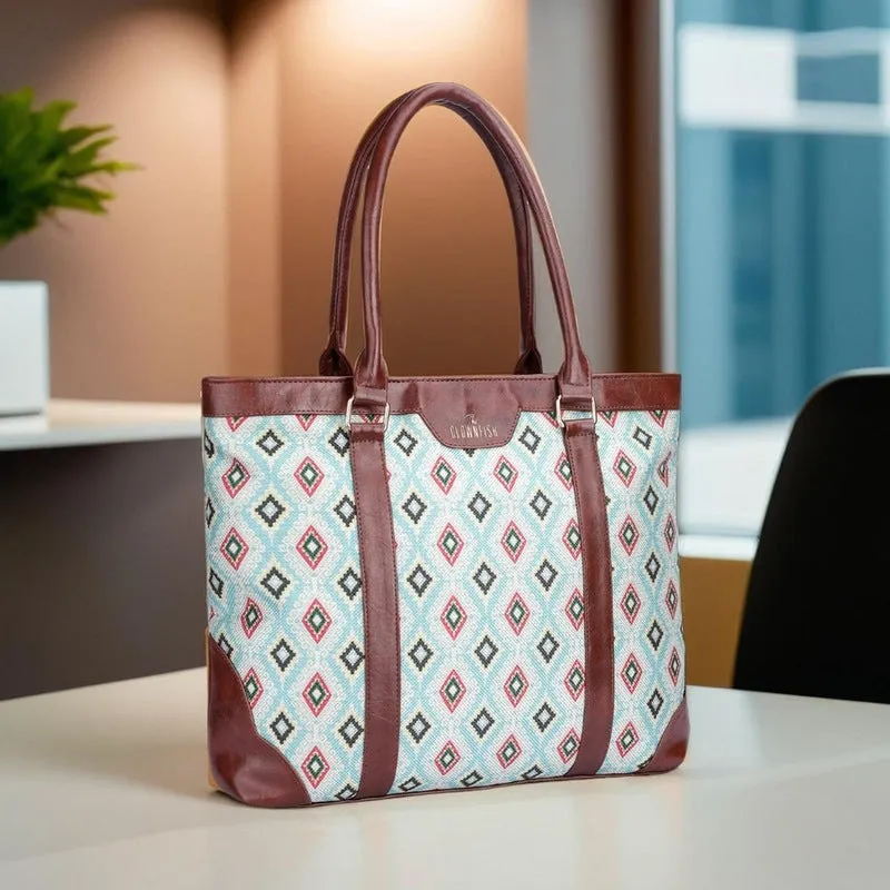 THE CLOWNFISH Miranda Series 15.6 inch Laptop Bag For Women Printed Handicraft Fabric & Faux Leather Office Bag Briefcase Hand Messenger bag Tote Shoulder Bag (Skyblue-Diamond Design)