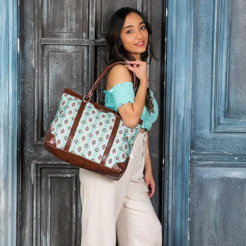 THE CLOWNFISH Miranda Series 15.6 inch Laptop Bag For Women Printed Handicraft Fabric & Faux Leather Office Bag Briefcase Hand Messenger bag Tote Shoulder Bag (Skyblue-Diamond Design)