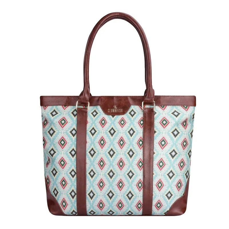 THE CLOWNFISH Miranda Series 15.6 inch Laptop Bag For Women Printed Handicraft Fabric & Faux Leather Office Bag Briefcase Hand Messenger bag Tote Shoulder Bag (Skyblue-Diamond Design)