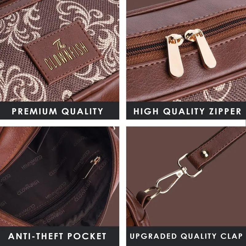 THE CLOWNFISH Nyra Polyester Crossbody Sling bag for Women Casual Party Bag Purse with Adjustable Shoulder Strap and Printed Design for Ladies College Girls (Brown)