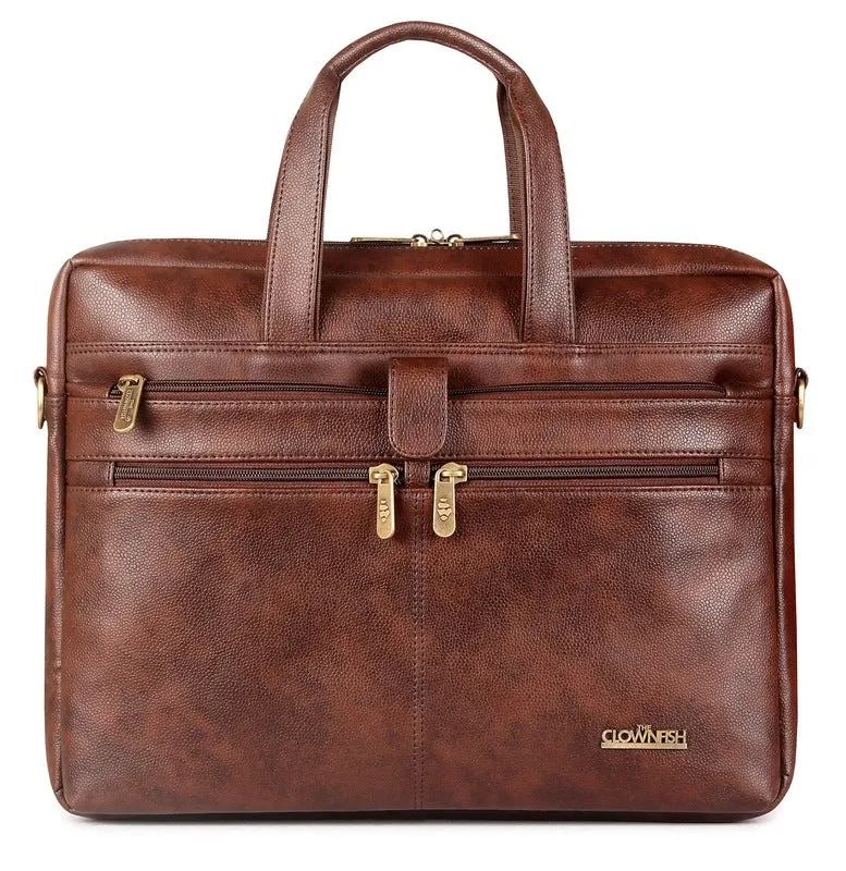THE CLOWNFISH Unisex Adult Diego Series Faux Leather 15.6 Inch Laptop Utility Messenger Bag Laptop Briefcase (Dark Brown)