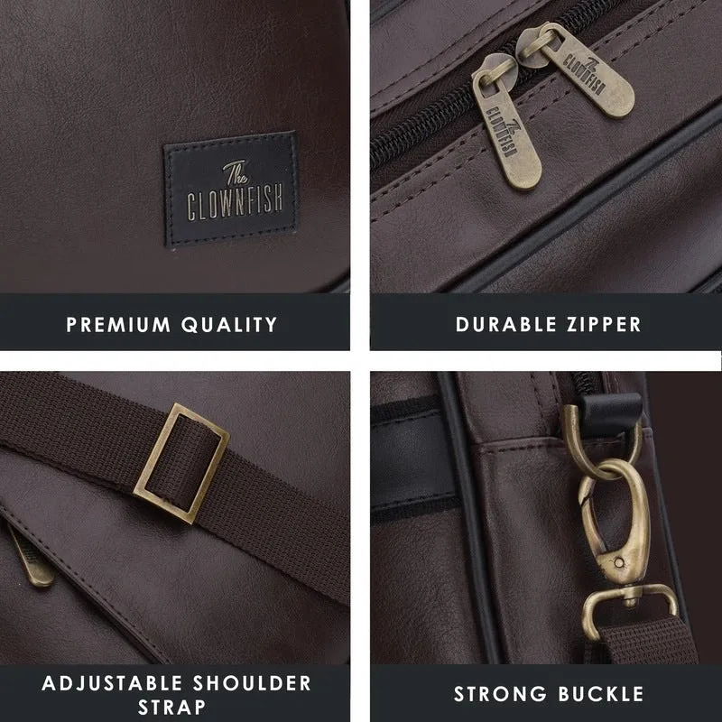 THE CLOWNFISH Unisex Adult Diego Series Faux Leather 15.6 Inch Laptop Utility Messenger Bag Laptop Briefcase (Dark Brown)