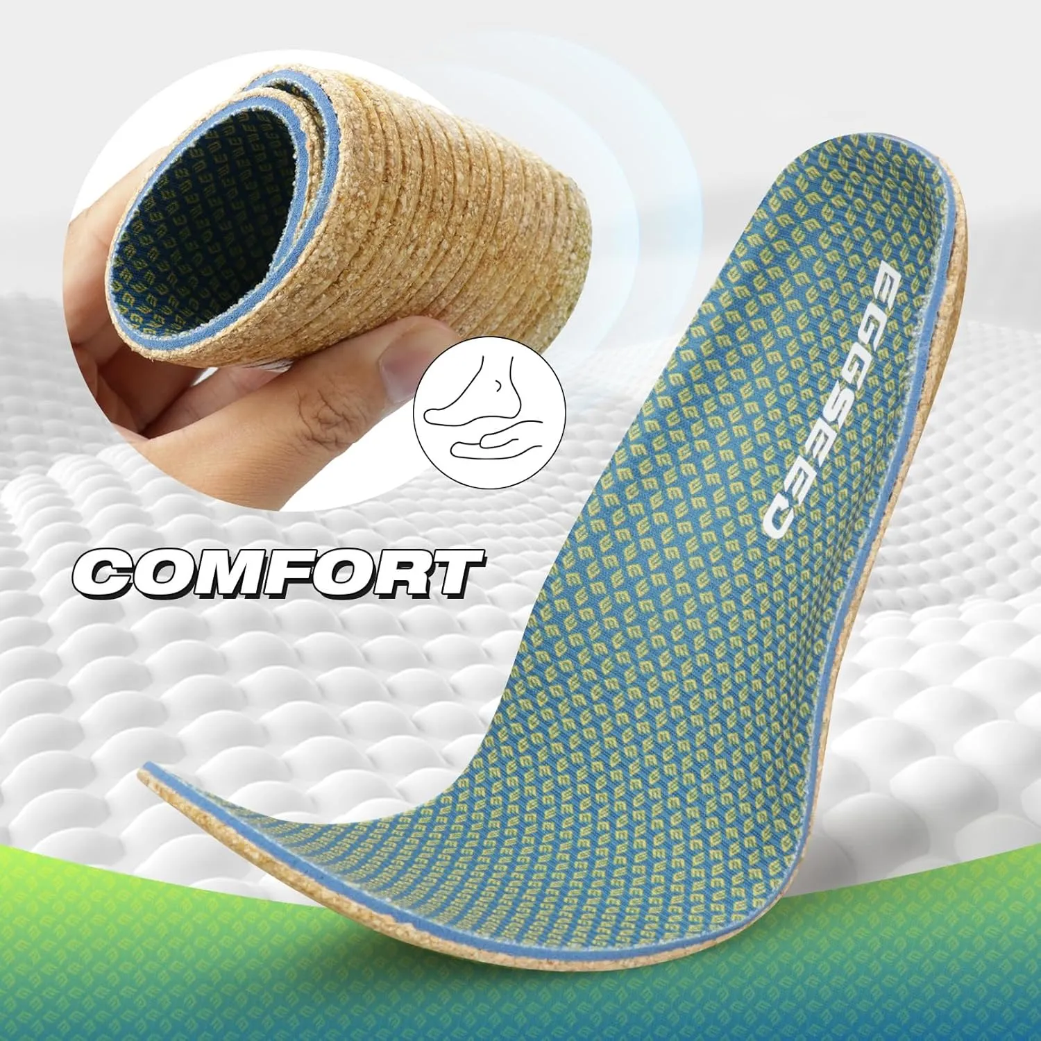Thin Plantar Fasciitis Insoles, Arch Support Soft Breathable Cork Orthotic Shoe Inserts for Heel Pain Relief and Flat Foot, Anti Fatigue Work Insert （Men 9-10.5/Women 10-11.5）