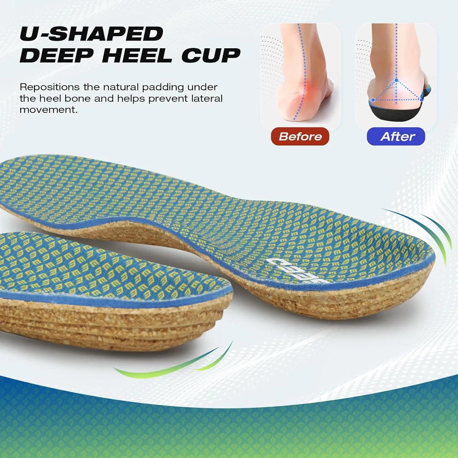 Thin Plantar Fasciitis Insoles, Arch Support Soft Breathable Cork Orthotic Shoe Inserts for Heel Pain Relief and Flat Foot, Anti Fatigue Work Insert （Men 9-10.5/Women 10-11.5）
