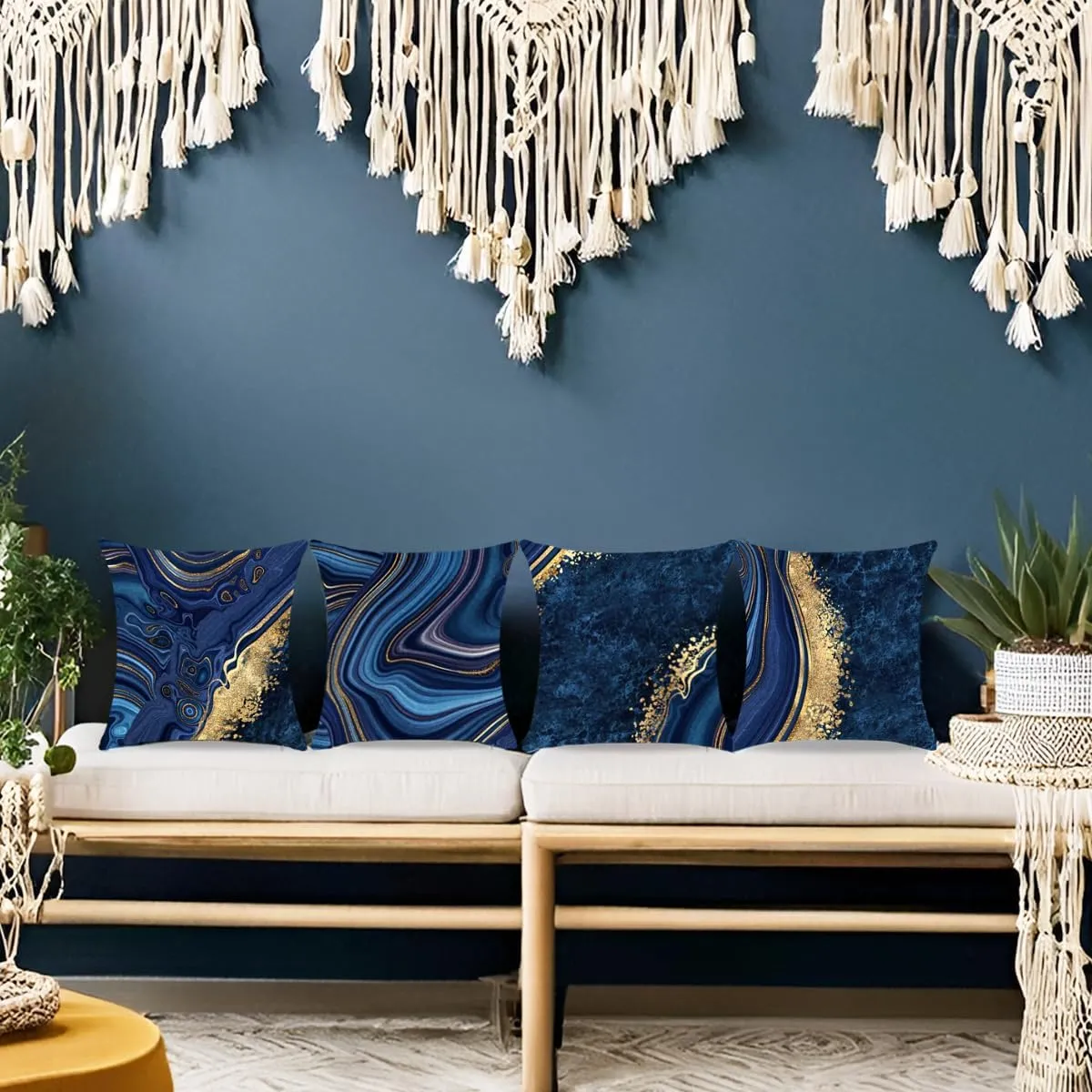 Throw Pillow Covers, Navy Blue Decorative Pillow Covers,Blue and Gold Marble Pillowcase 18x18 inch, Couch Cushion Cover Set of 4 for Home Living Room Bedroom Sofa Decor Pillows