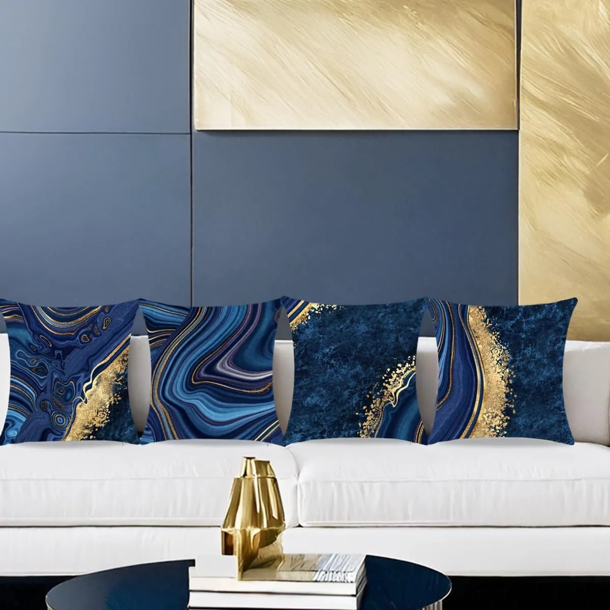 Throw Pillow Covers, Navy Blue Decorative Pillow Covers,Blue and Gold Marble Pillowcase 18x18 inch, Couch Cushion Cover Set of 4 for Home Living Room Bedroom Sofa Decor Pillows