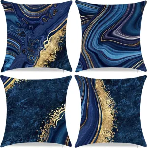 Throw Pillow Covers, Navy Blue Decorative Pillow Covers,Blue and Gold Marble Pillowcase 18x18 inch, Couch Cushion Cover Set of 4 for Home Living Room Bedroom Sofa Decor Pillows