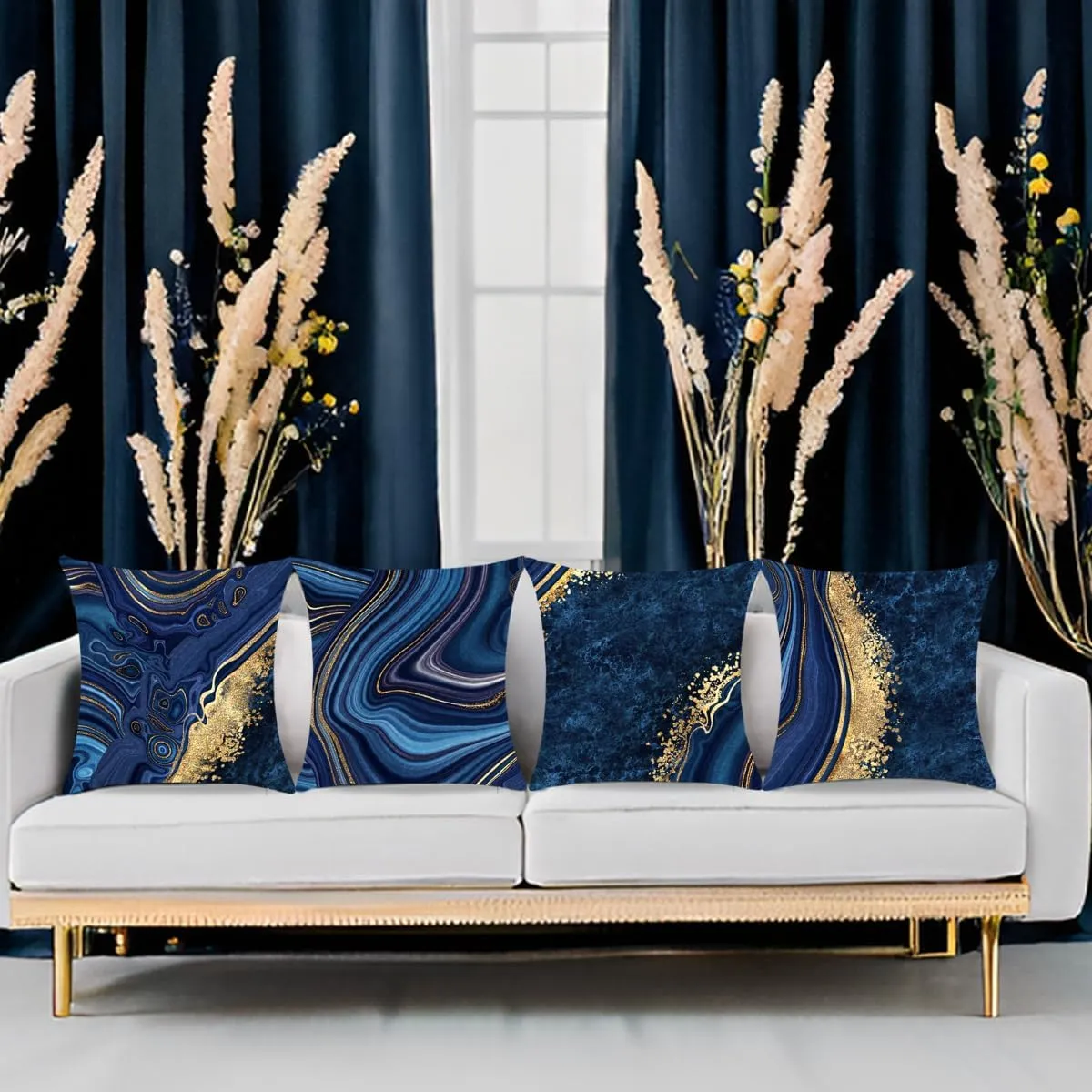 Throw Pillow Covers, Navy Blue Decorative Pillow Covers,Blue and Gold Marble Pillowcase 18x18 inch, Couch Cushion Cover Set of 4 for Home Living Room Bedroom Sofa Decor Pillows