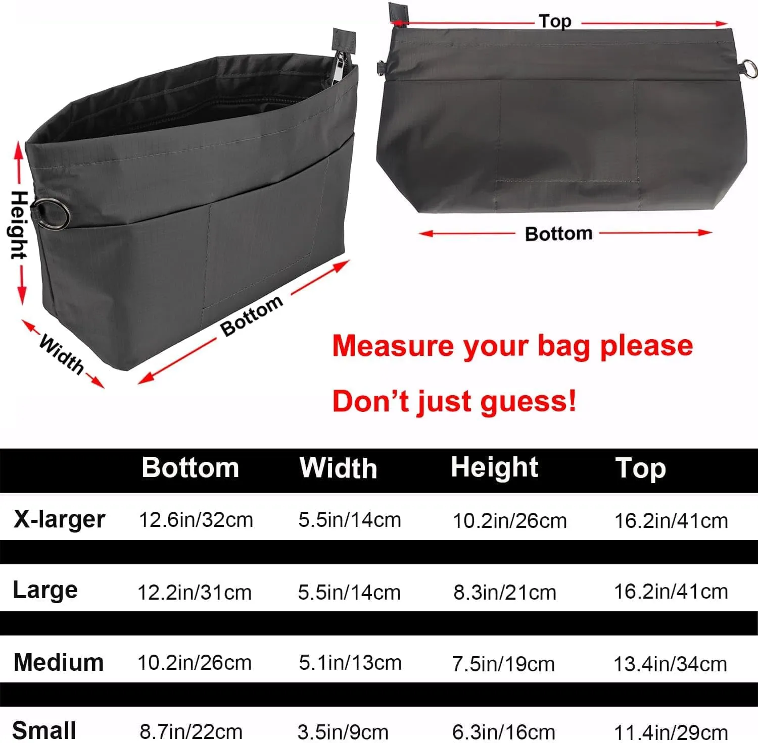 Time Wing Handbag Tote Purse Organizer Insert Bag Liner Shaper Divider Zipper 11 Pockets Compartments Small Dark Grey