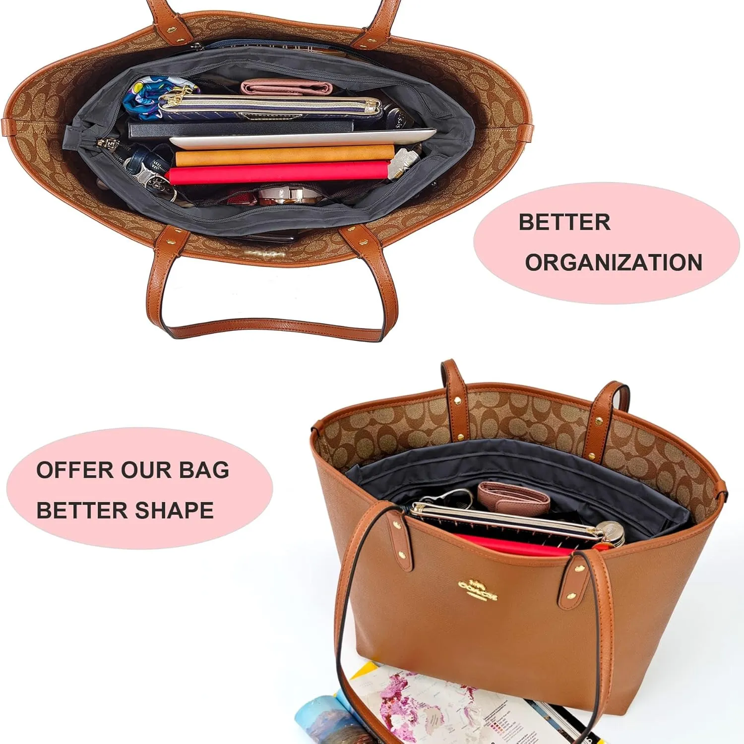 Time Wing Handbag Tote Purse Organizer Insert Bag Liner Shaper Divider Zipper 11 Pockets Compartments Small Dark Grey
