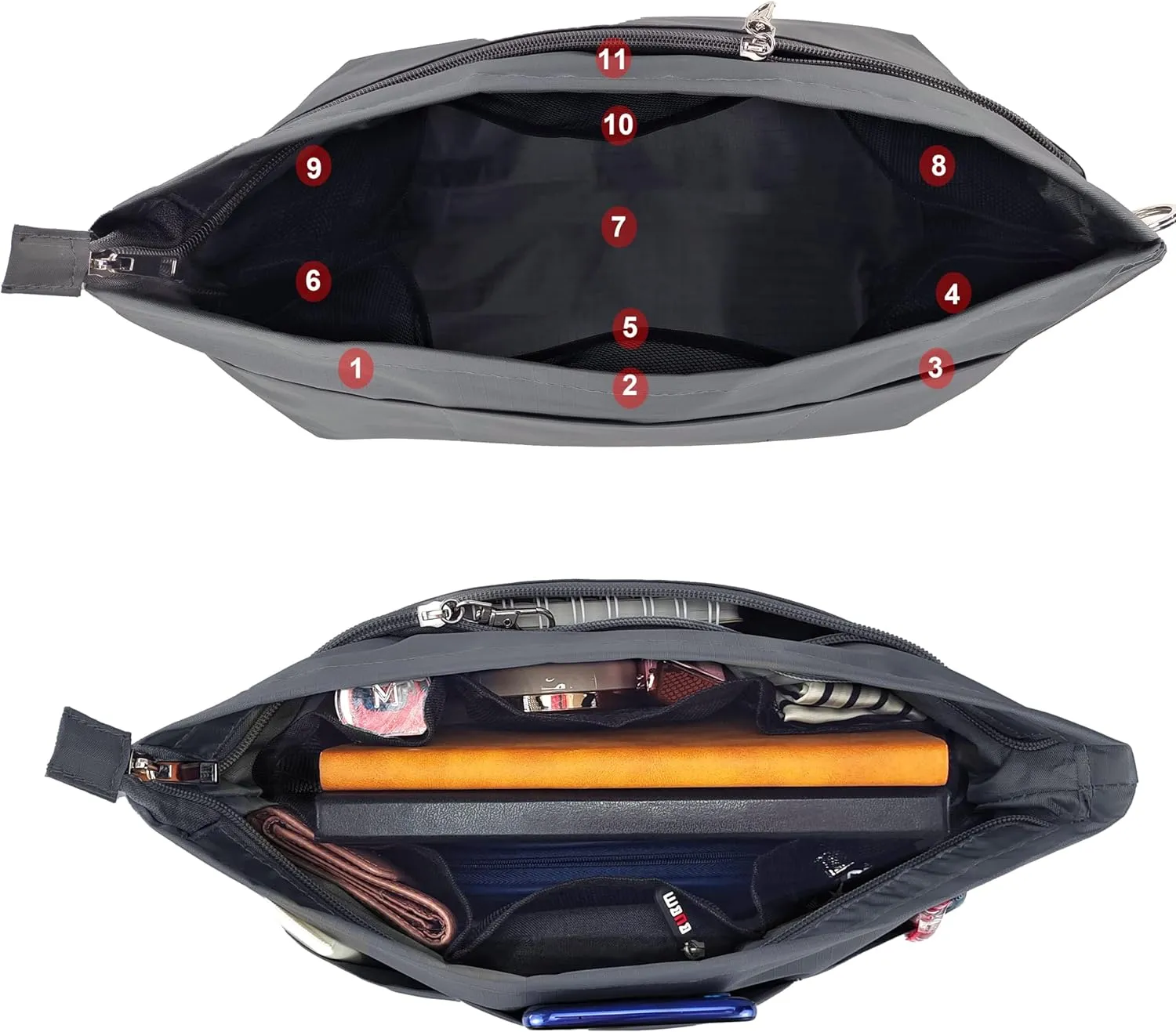 Time Wing Handbag Tote Purse Organizer Insert Bag Liner Shaper Divider Zipper 11 Pockets Compartments Small Dark Grey