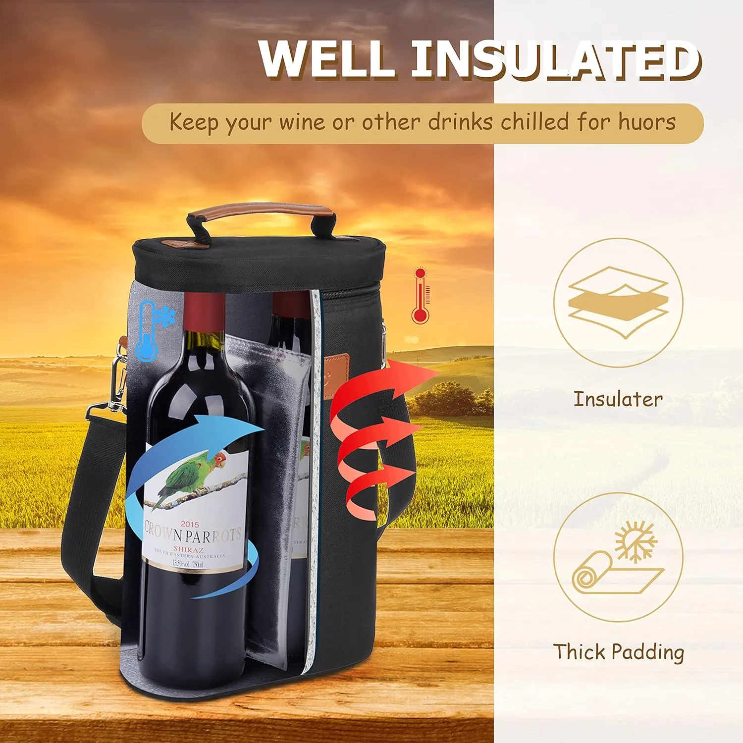 Tirrinia 2 Bottle Leakproof Insulated Wine Tote Carrier Bag - Padded Cooler for Travel, Restaurants, Tasting, Parties, Great Gift for Wine Lovers
