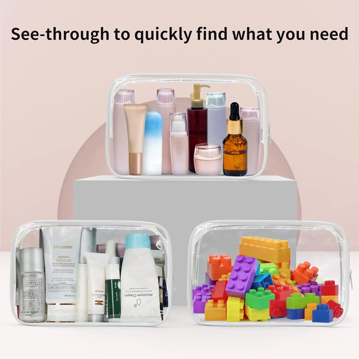 TISRATOK 24 PCS Clear Toiletry Bag for Women Men, Transparent Cosmetic Bag for Travel Makeup Organizer TSA Approved Pouch - White,Medium