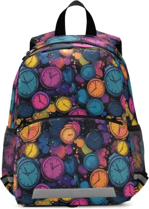 Toddler Backpack Kids Daypack, Colorful Alarm Clock Pattern Kindergartens Bookbag for Boys and Girls 3-6 Years with Safety Leash