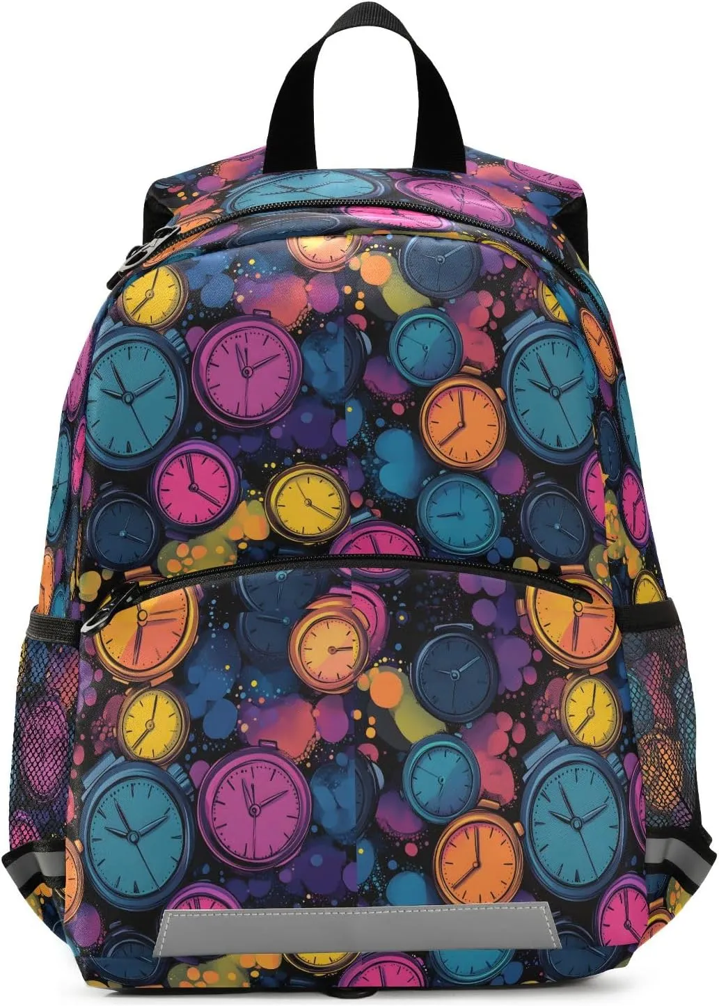 Toddler Backpack Kids Daypack, Colorful Alarm Clock Pattern Kindergartens Bookbag for Boys and Girls 3-6 Years with Safety Leash