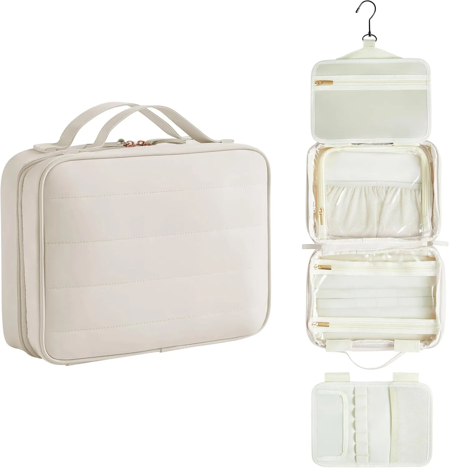 Toiletry Bag, Travel Bag for Women & Men, Portable Cosmetic Bag with Hanging Hook, Durable, Waterproof for Shampoo, Makeup, Essentials, Toiletries Acessories (Beige)