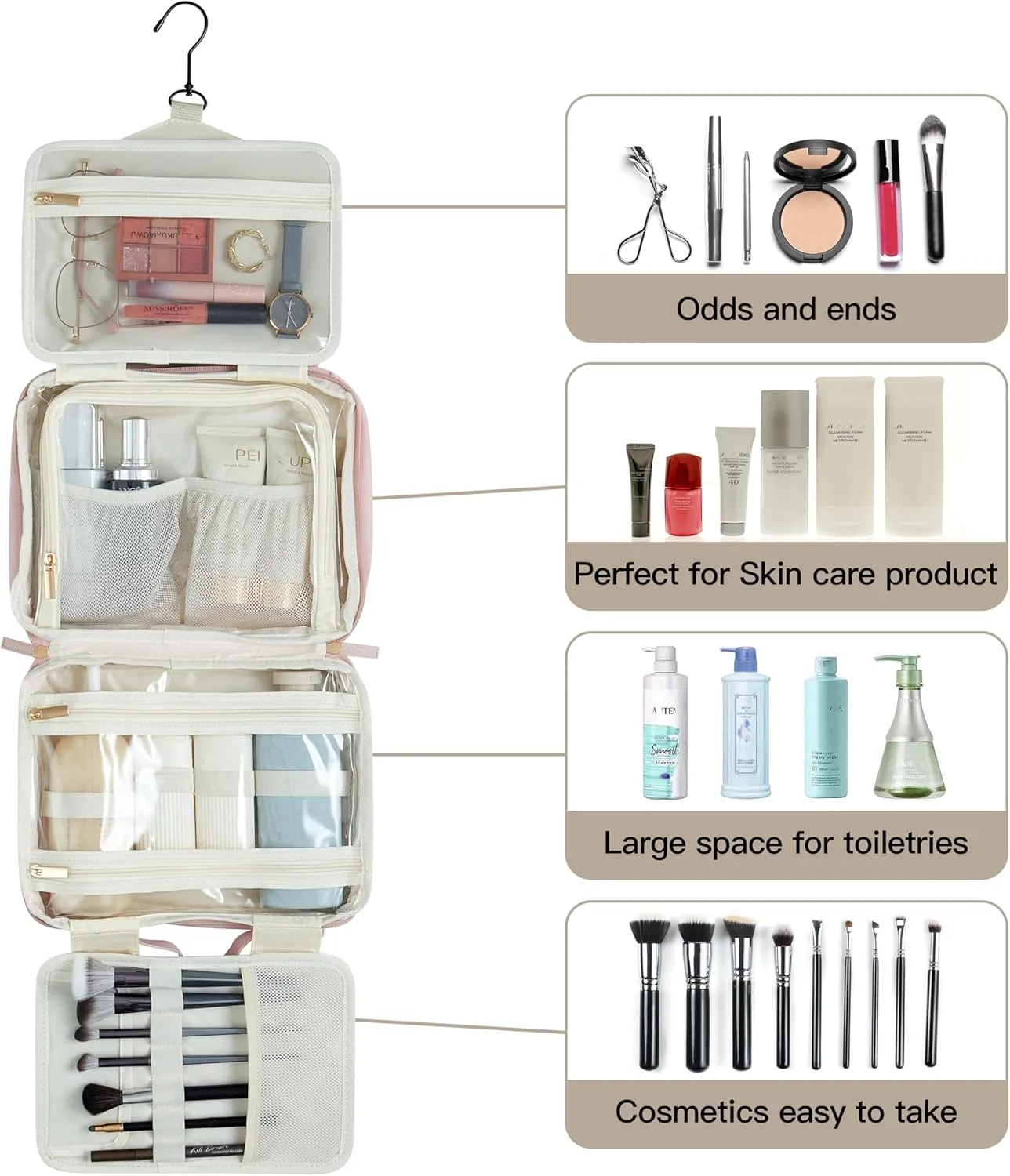 Toiletry Bag, Travel Bag for Women & Men, Portable Cosmetic Bag with Hanging Hook, Durable, Waterproof for Shampoo, Makeup, Essentials, Toiletries Acessories (Beige)