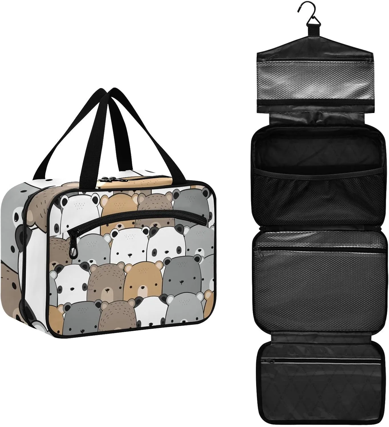Toiletry Bag Travel Bag with Hanging Hook-Cute Adorable Kawaii Teddy Bear Polar Grizzly Head，Water-resistant Makeup Cosmetic Bag for gym outdoor activities ，L