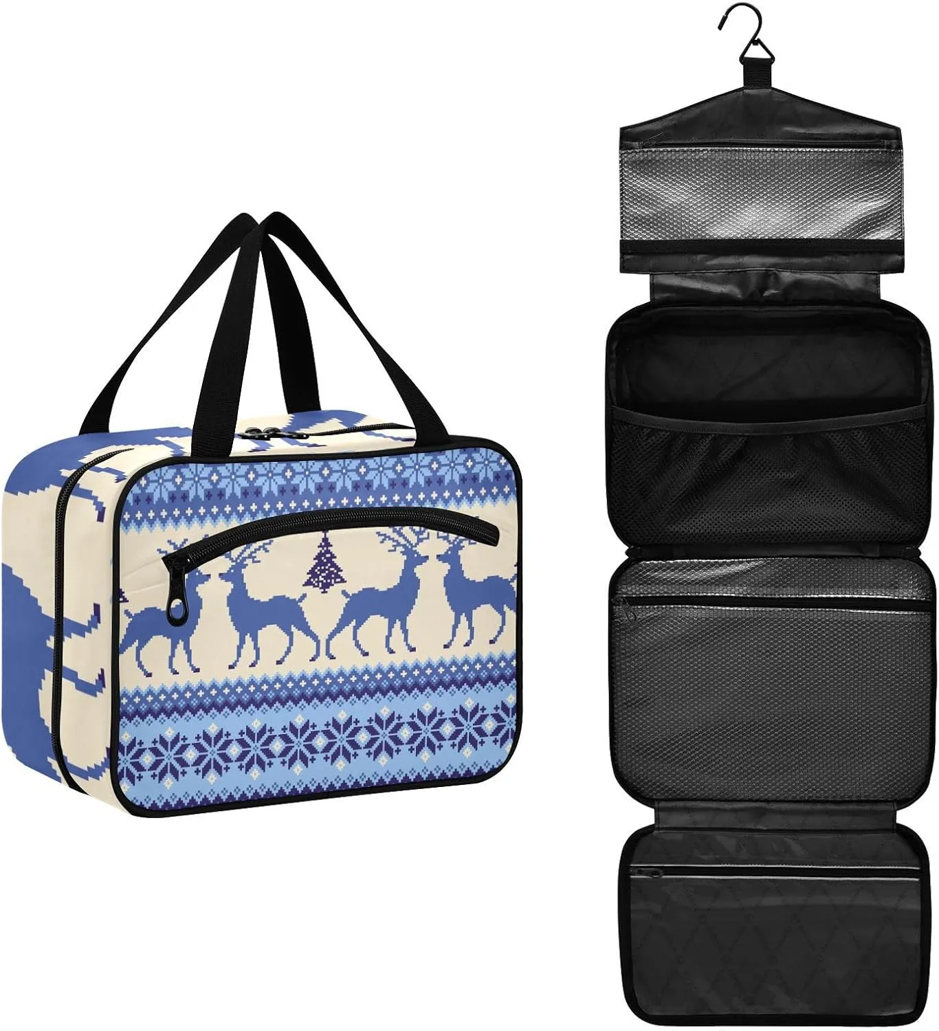 Toiletry Bag Travel Bag with Hanging Hook-Geometric Reindeer，Water-resistant Makeup Cosmetic Bag for gym outdoor activities ，L