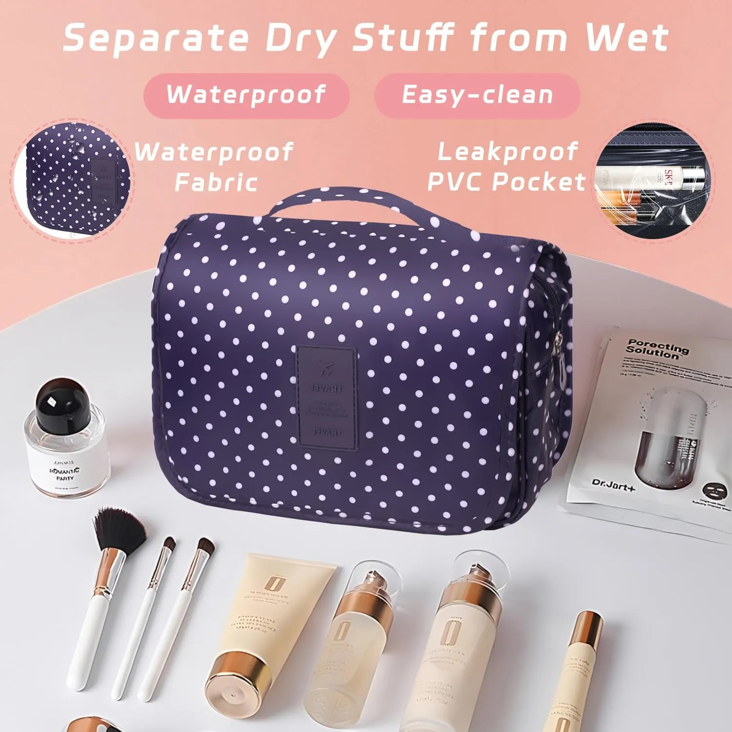 Toiletry Bag Travel Bag with Hanging Hook, Waterproof Capacity Hanging Multifunctional Makeup Bag for Toiletries, Portable Cosmetic Bag Travel Organizer for Women and Men(Navy Dot)