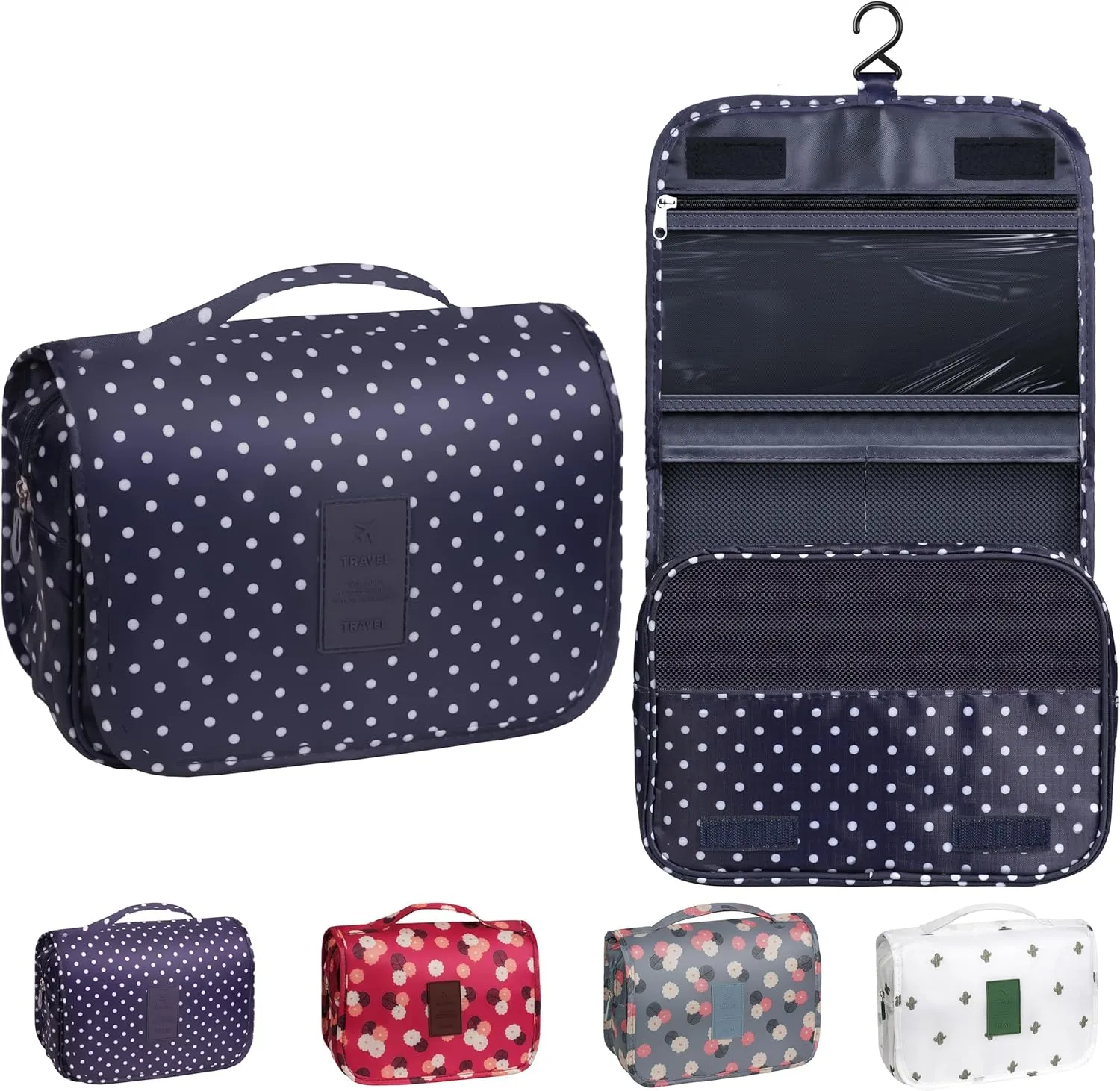 Toiletry Bag Travel Bag with Hanging Hook, Waterproof Capacity Hanging Multifunctional Makeup Bag for Toiletries, Portable Cosmetic Bag Travel Organizer for Women and Men(Navy Dot)
